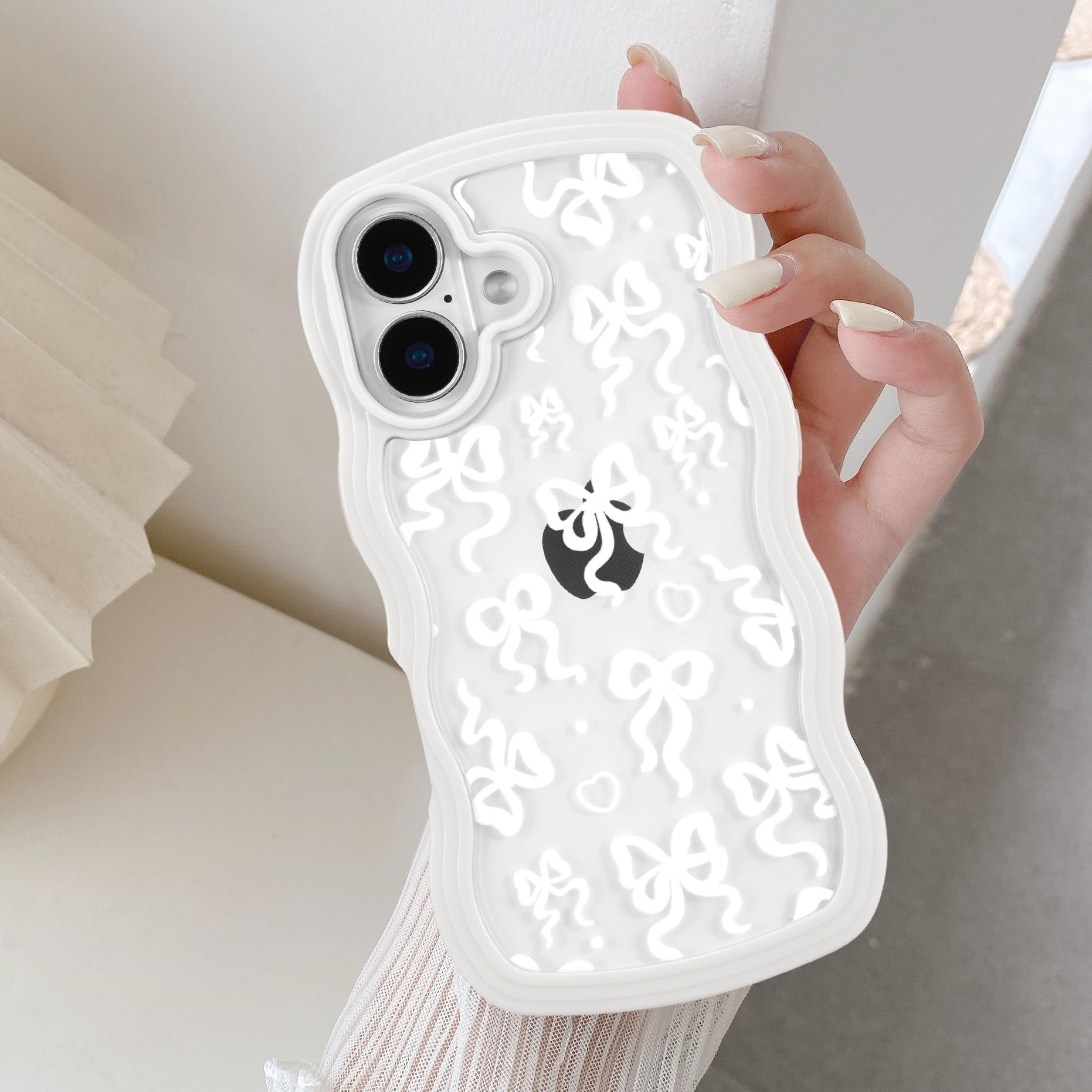 QLTYPRI for iPhone 16 Plus Case, Cute Bowknot Pattern Aesthetic Design Clear Phone Case for Girls Women, Curly Wave Frame Slim Soft Transparent Shockproof Protective Phone Cover - White