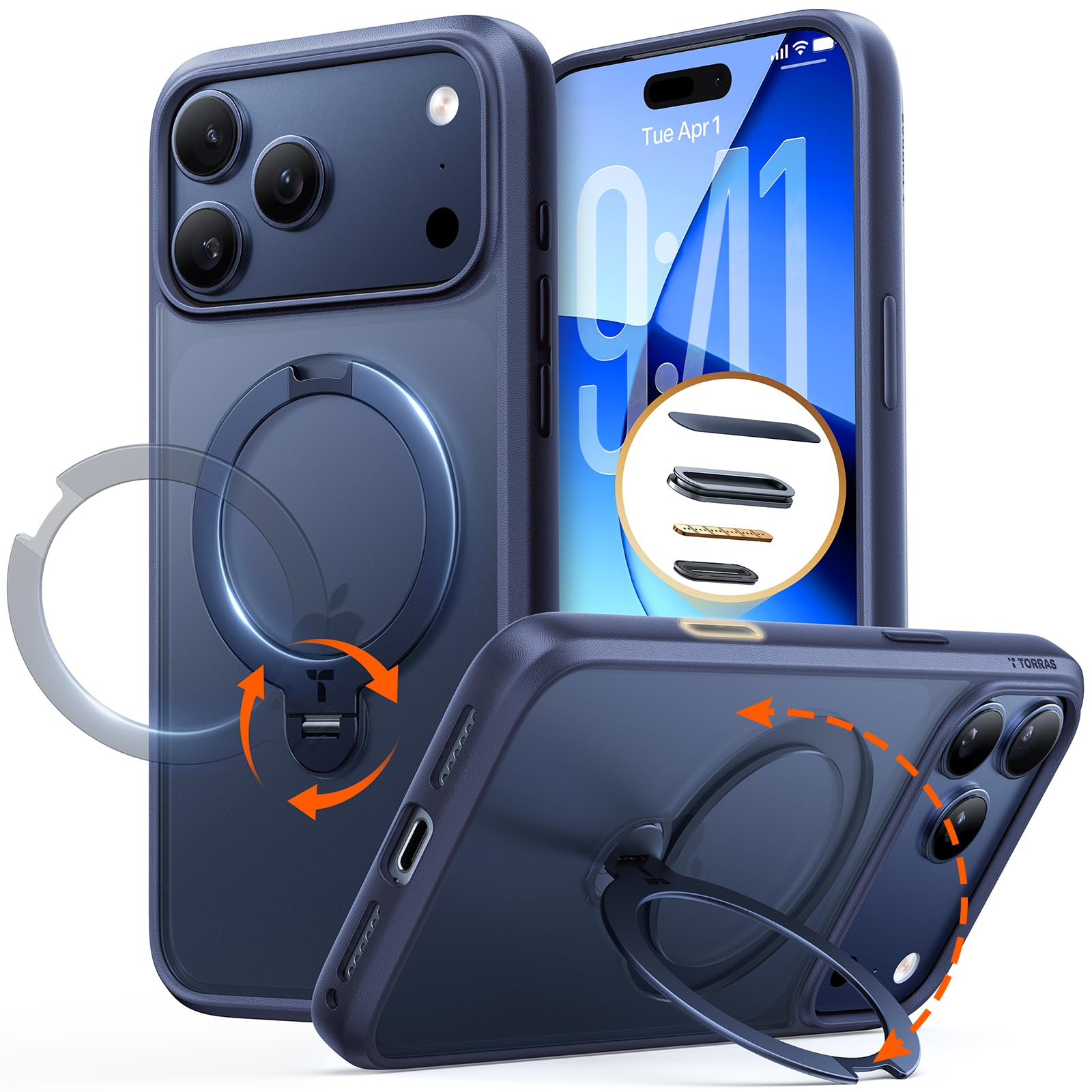Photo 1 of TORRAS Q3 Spin for iPhone 17 Pro Max Case with 360 Magnetic Stand, Camera Control, Fit for MagSafe, 4X Military-Grade Shockproof Case for iPhone 17 Pro Max Phone Case with Kickstand, Deep Blue