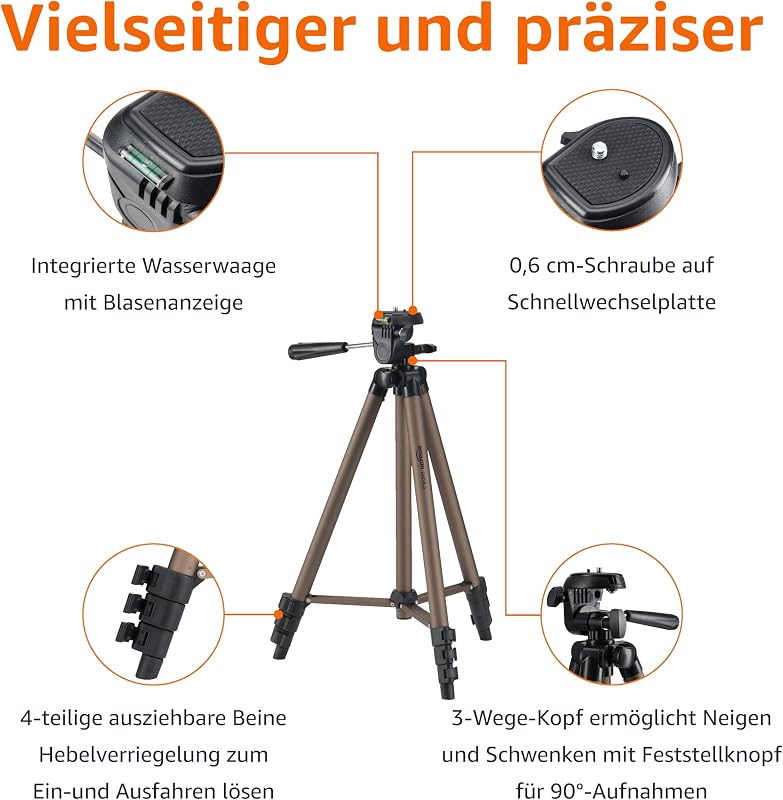 Kamerastativ, 127,0cm/50,0in, Leicht, mit Tasche, Höhenverstellbar, für DSLR-Kameras, Champagnerfarben