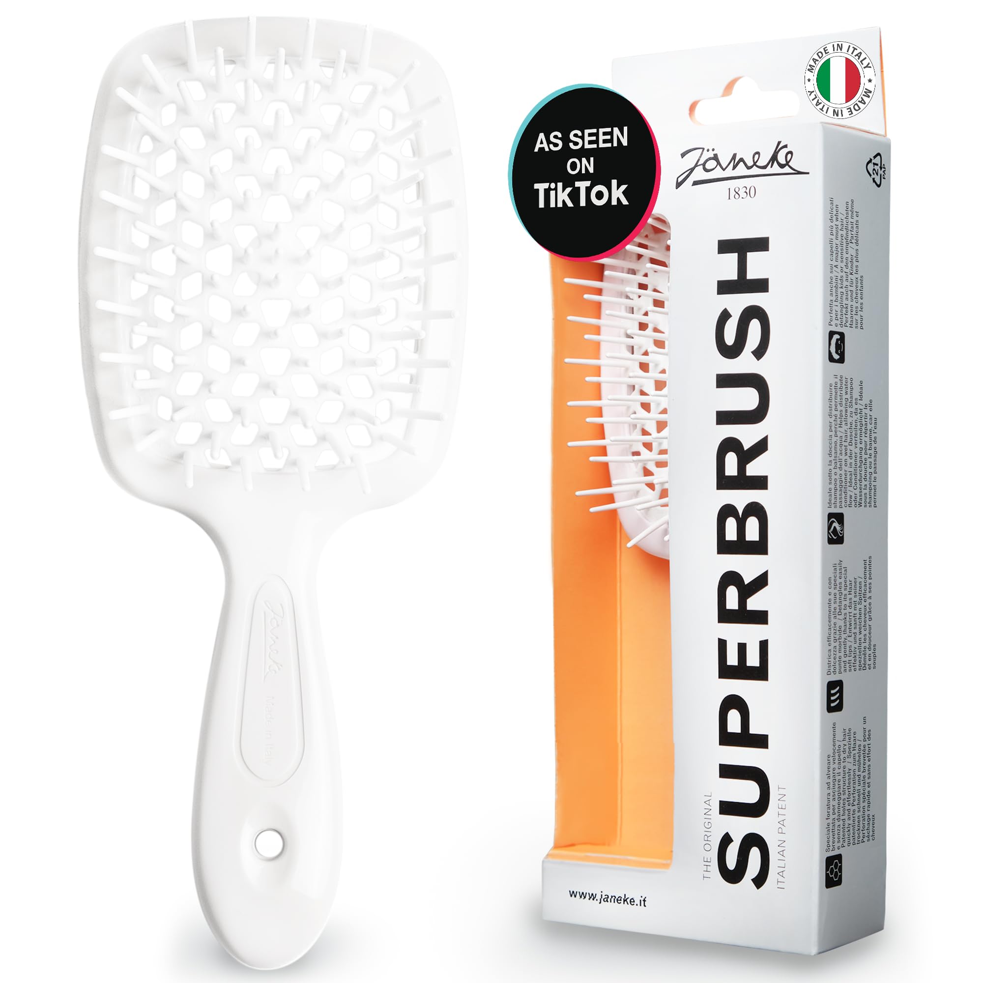 Janeke Original Patented Superbrush Detangler Brush Anti-static Hairbrush Easy For Wet or Dry Use Flexible with Nylon Bristle Great for All Hair Types - Long Thick Curly (White)