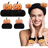 FlyingMage Kawaii Spa Headband and Wristband Set for Women Girls, Cute Halloween Skincare Headbands for Face Washing, Fluffy Makeup Headband for Washing Face, Bath, Shower and Beauty, Black Pumpkin