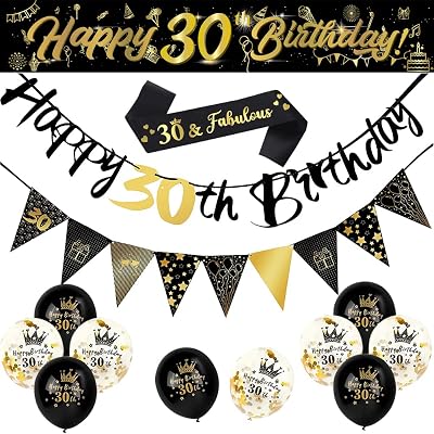 Yontree 14-Piece 30th Birthday Decoration Kit Gold Black Banner Bunting Balloons