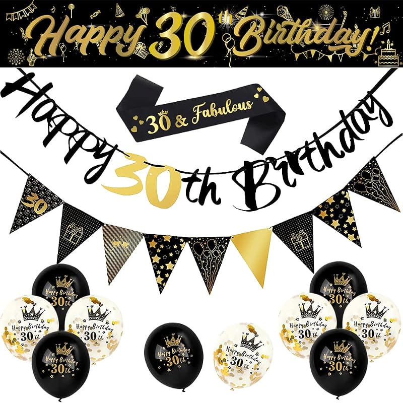 Yontree 14-Piece 30th Birthday Decoration Kit Gold Black Banner Bunting Balloons