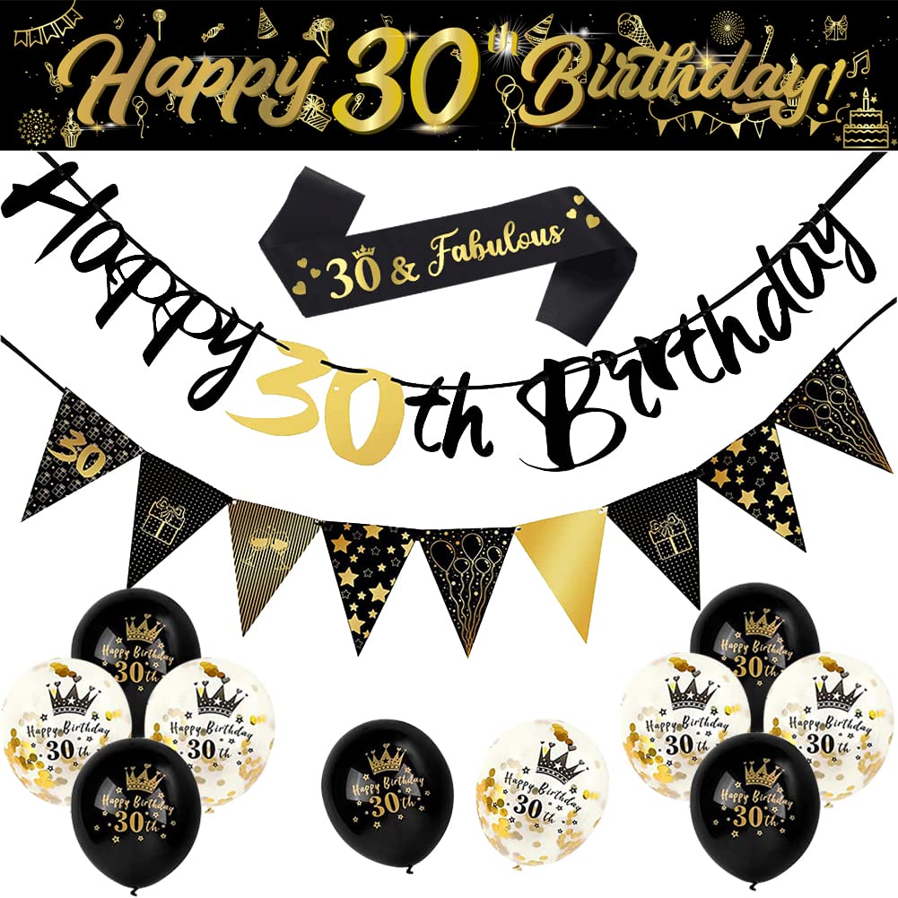 Yontree 14-Piece 30th Birthday Decoration Kit, Gold & Black Theme, Includes 9ft Banner, Birthday Strap, Bunting, Balloons