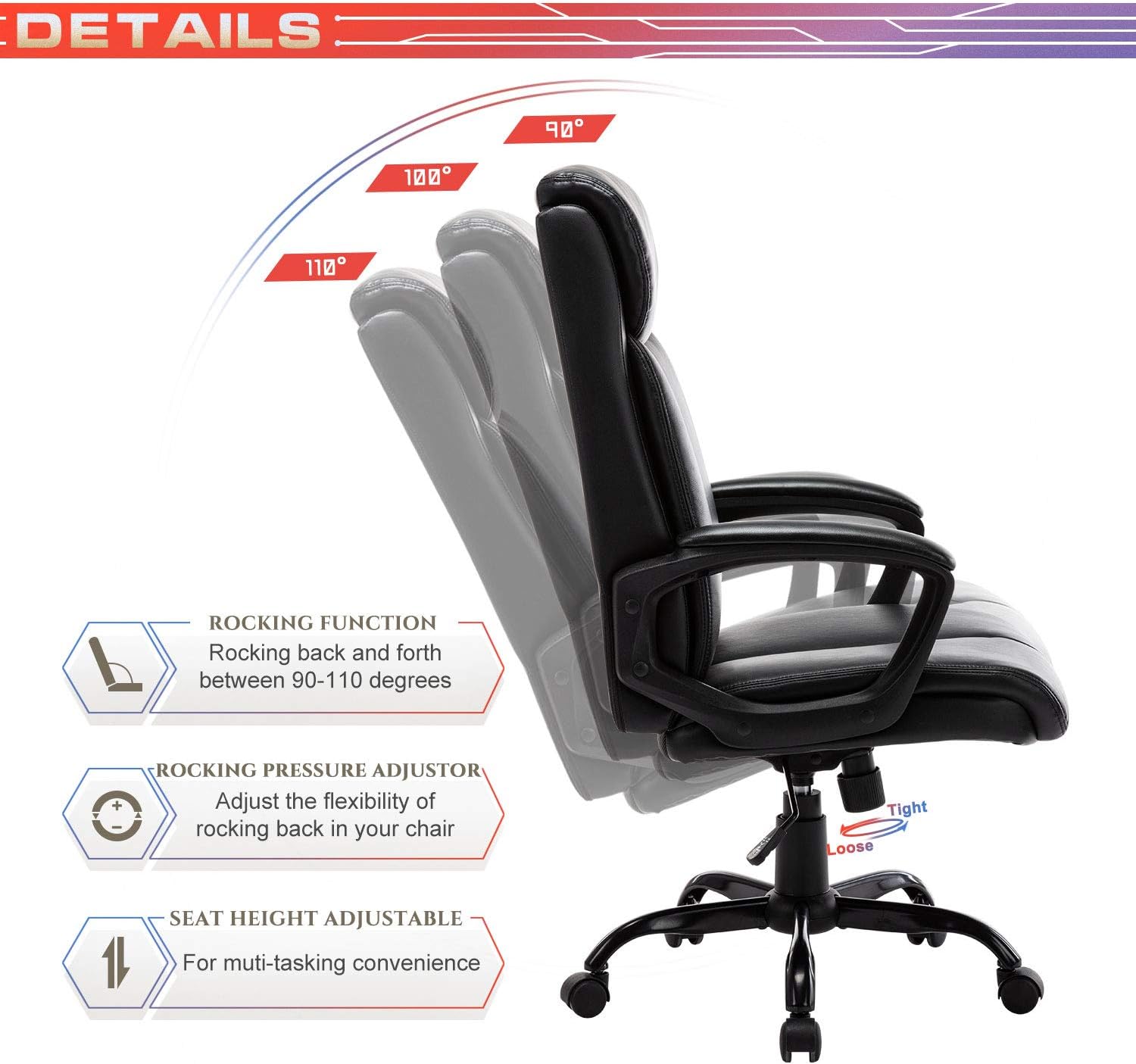 High Back Office Chair - Executive Bonded Leather Computer Desk Swivel Task Chair W/Rocking Function, Black: Kitchen & Dining