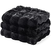 CloudDwelling Faux Rabbit Fur Bubble Throw Blanket Plush Fluffy Cozy Blanket for Couch Bed Sofa Reversible Winter Warm Blanket for Home Decor (Black, 50"x60")