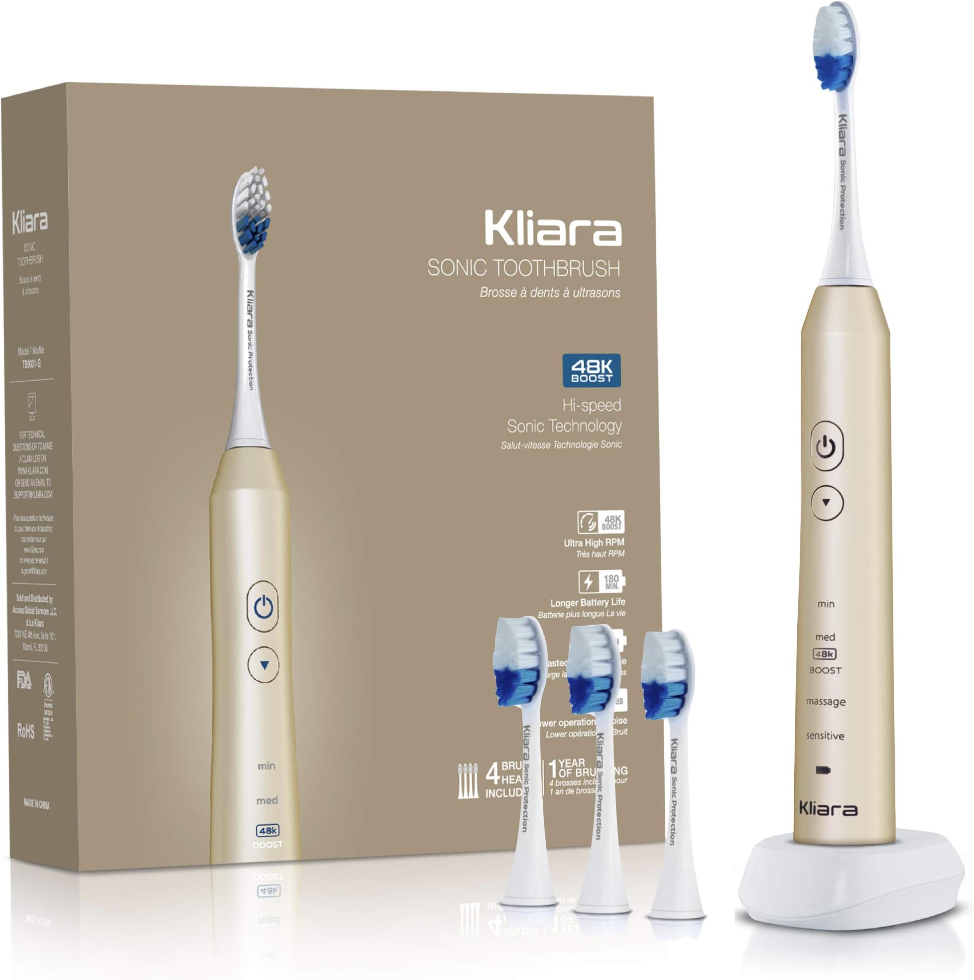 Kliara Designer Electric Sonic Toothbrush for Adults | Rechargable & Waterproof | Fastest Motor in The World 48.000 BPM | 40 Days Battery | 4 Replacement Heads for 1 Year of Brushing Included | Gold