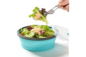 ColorCoral Collapsible Camping Bowl with Lid & Fork Silicone 1200ml 42oz | Foldable Bowl with Airtight Lid&Stainless Steel Fork for Travel RV Leakproof Food Storage Microwave & Fridge Safe