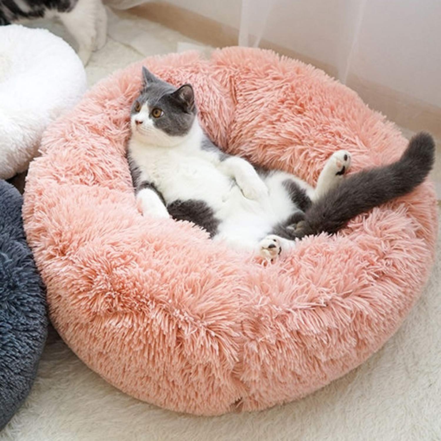 Calming Cat & Dog Bed - Fluffy Plush Donut Cat Bed, Marshmallow Round Pet Nest, Washable Cushion Mat for Small & Medium Dogs, Puppies & Bunnies