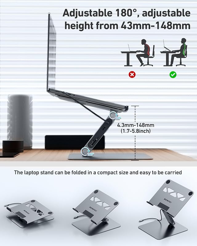 Laptop Ständer mit 7-in-1 USB C Dockingstation – HDMI (4K@60Hz), 1×SD& 1×Micro SD Kartenleser, 100W Power Delivery, 10Gbps (1×USB-C & 2×USB-A 3.2) – Für MacBook Pro/Air iPad Pro XPS & ThinkPad