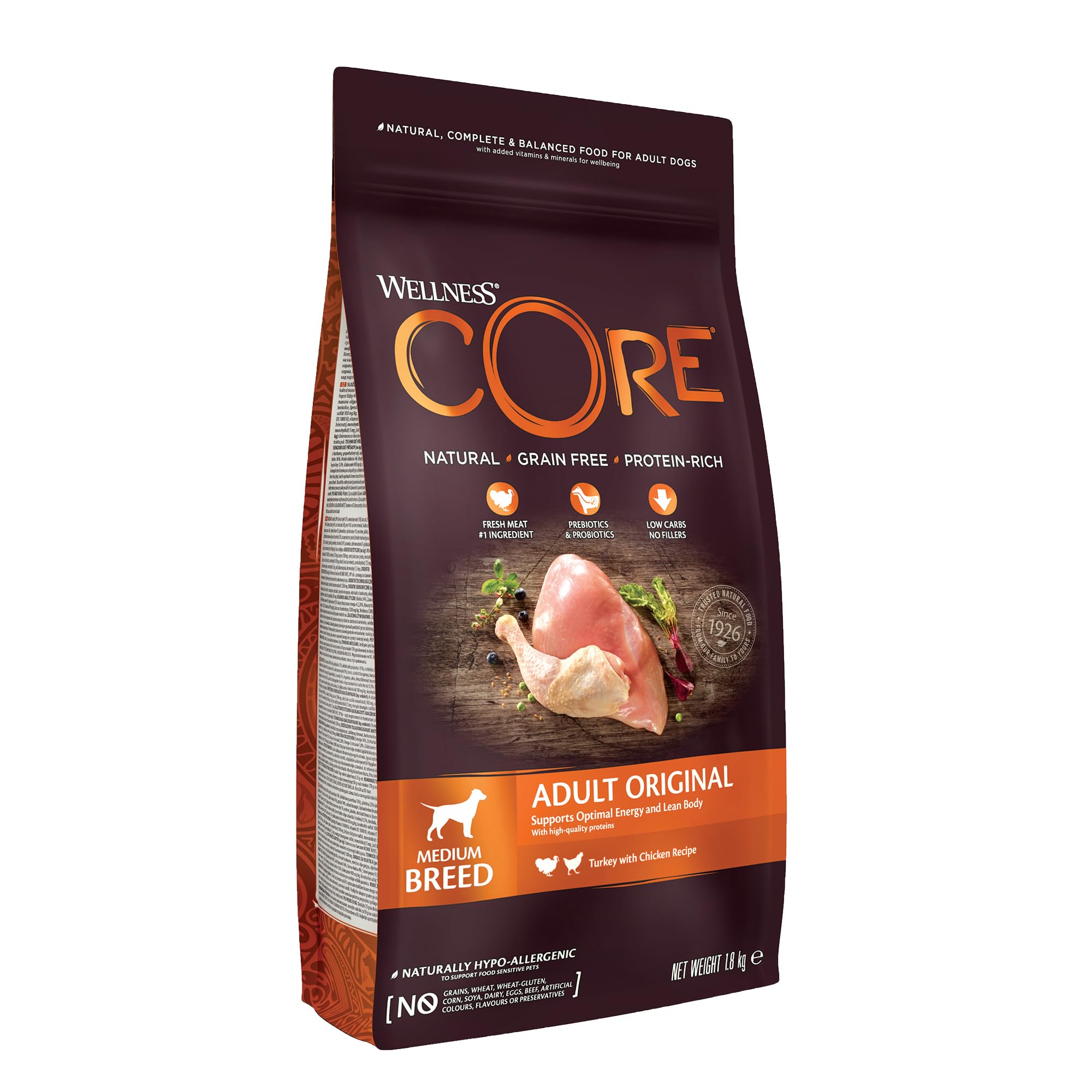 Wellness CORE Original 1.8 kg, Chicken & Turkey – Dry Dog Food for Medium Breeds, Grain-Free, Natural, Hypoallergenic, Protein-Rich, High Meat Content, Supports Optimal Energy & Lean Body