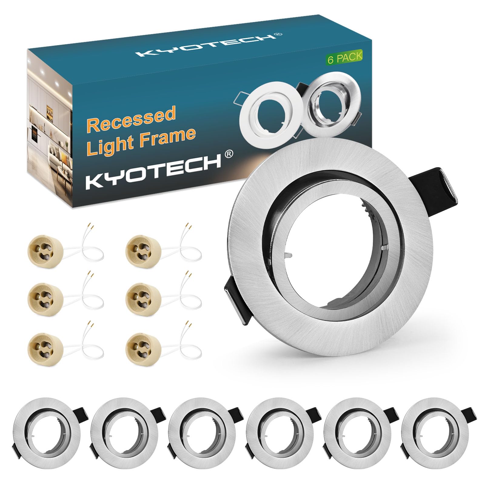 KYOTECH LED Recessed Ceiling Light Mounting Frame Adjustable incl. GU10 Socket, Downlight Frame for Ceiling Spotlight MR16 GU10 and Halogen Bulb, Recessed Lighting 6 Pack