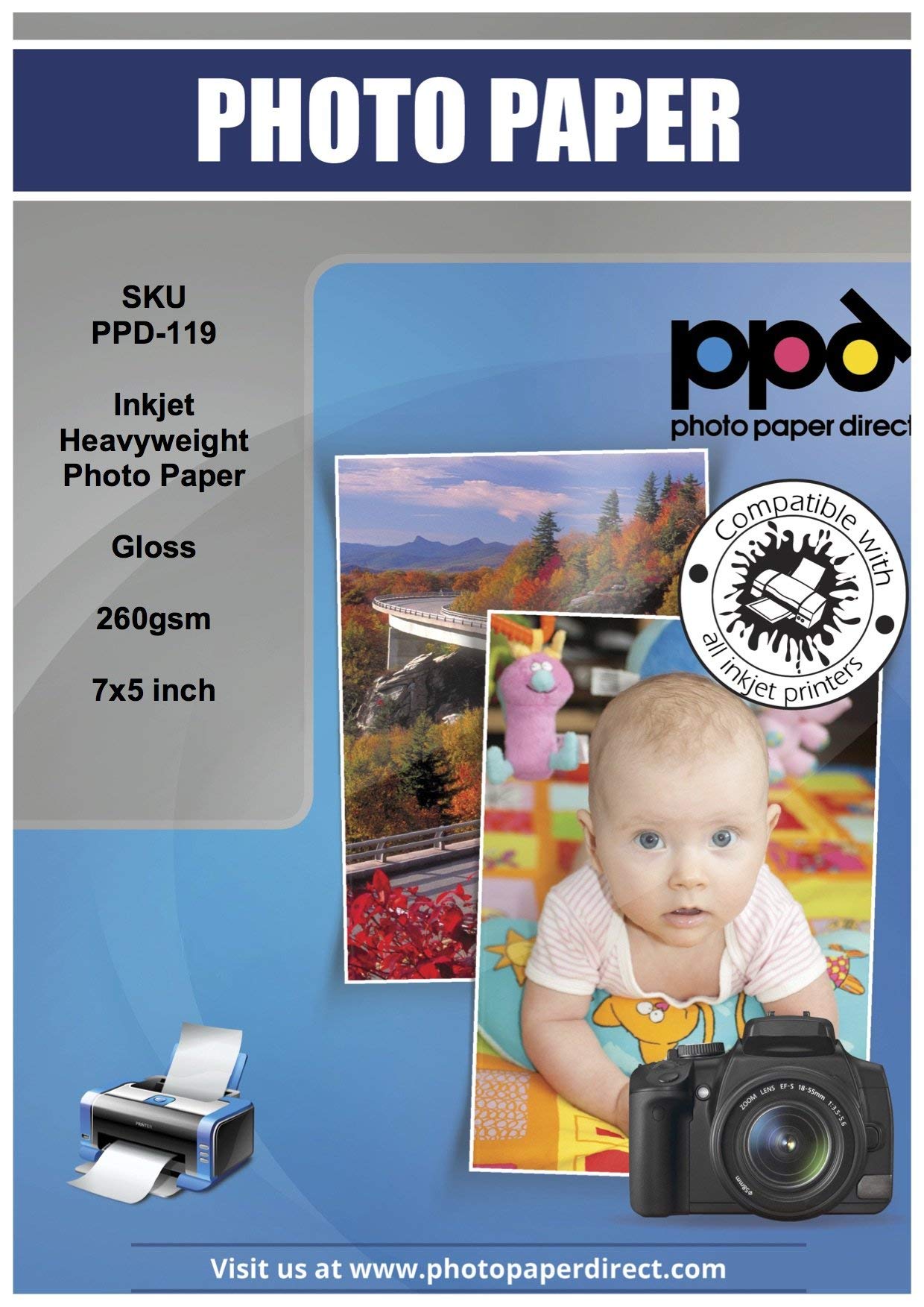 PPD 100 Sheets 7x5 Inkjet Premium Glossy Photo Paper 260gsm Instant Dry Water-Resistant PPD-119-100