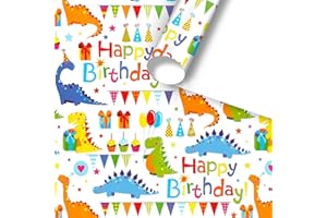 Buperor Happy Birthday Dinosaur Wrapping Paper,10 Sheets Pre-cut Funny Wrap for Girls Boys Kids Holiday Party Festival Anniversary, 19.7 X 27.6 Inch， Folded Package, Not rolled