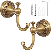Yaocom 2 Pack Antique Towel Hooks Wall Mounted, Brass, Single | Decorative Robe Hangers for Bathroom, Vintage Coat Rack, Heavy Duty Wall Mount, Ornate Base Design, Screws Included
