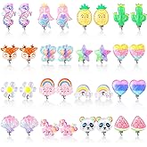 Bonuci 16 Pairs Kids Clip on Earrings for Girls Cute Unicorn Mermaid Non Pierced Clip on Earrings for Kid Little Girl