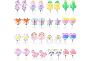 Bonuci 16 Pairs Kids Clip on Earrings for Girls Cute Unicorn Mermaid Non Pierced Clip on Earrings for Kid Little Girl