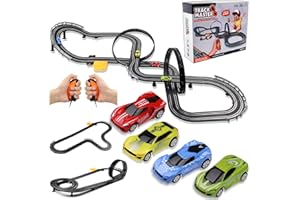PAFOLO Slot Car Race Track Sets, 23ft Battery Powered or Electric Track with 4 Slot Cars, Dual Racing Game Lap Counters, Race Track Set Features a Loop, Turns, Straightaways and a Crossover for Boys Age 6-12