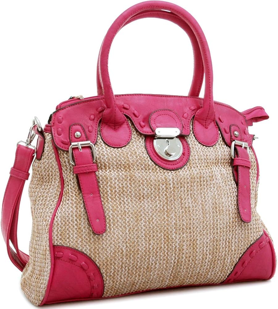 Designer Inspired Fashion Woven Straw Tote Handbag With LeatherLike