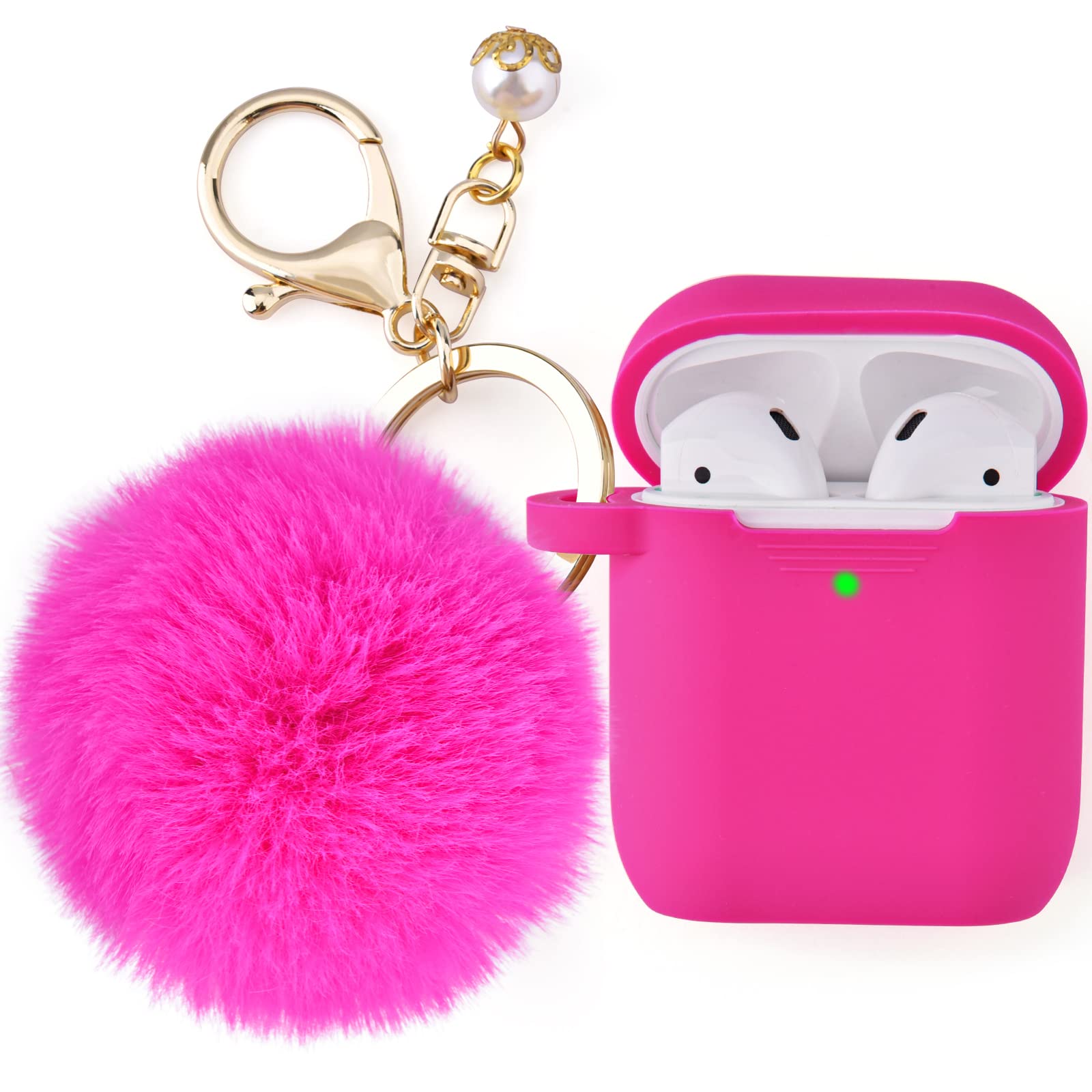 Photo 1 of Filoto Compatible with Airpod 2&1 Case Cover, Cute Silicone Protective Accessories Cases/Keychain/Pompom, Best Gift for Girls and Women, Fuchsia Pink