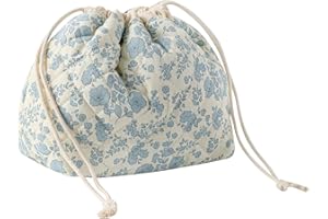 UEKEBOAG Cotton Quilted Drawstring Makeup Bag with Canvas Lining,Coquette Aesthetic Cute Travel Toiletry Bag,Drawstring Gift Bag for Women and Girls（02Light Blue Flower）