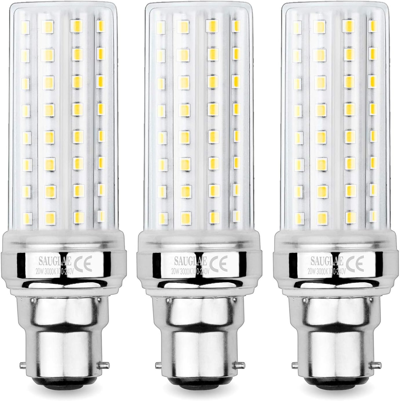 SAUGLAE 20W LED Corn Bulbs, 150W Incandescent Bulbs Equivalent, 3000K Warm White, 2300Lm, B22 Bayonet Cap Light Bulbs, 3-Pack