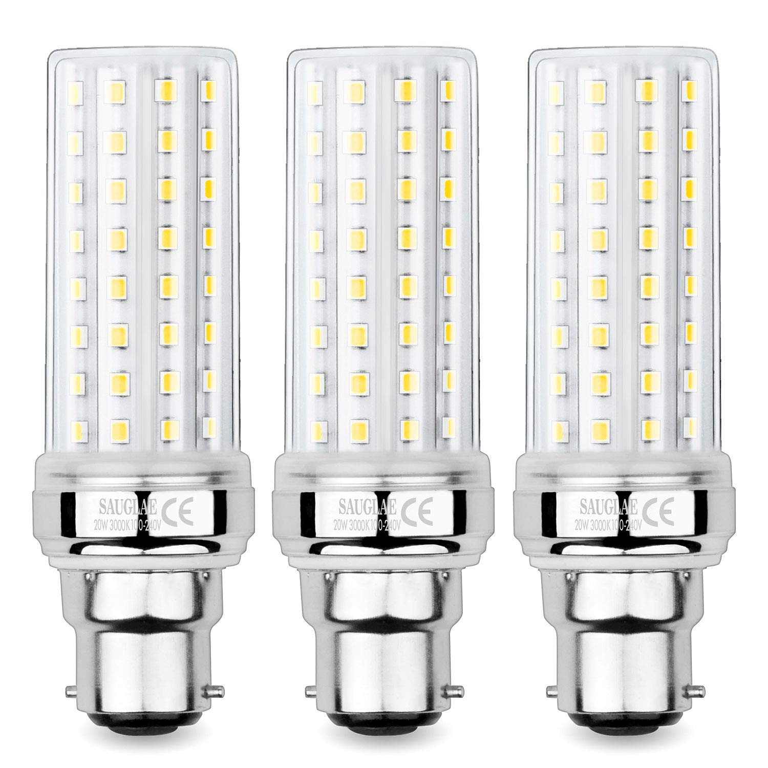SAUGLAE 20W LED Corn Bulbs, 150W Incandescent Bulbs Equivalent, 3000K Warm White, 2300Lm, B22 Bayonet Cap Light Bulbs, 3-Pack