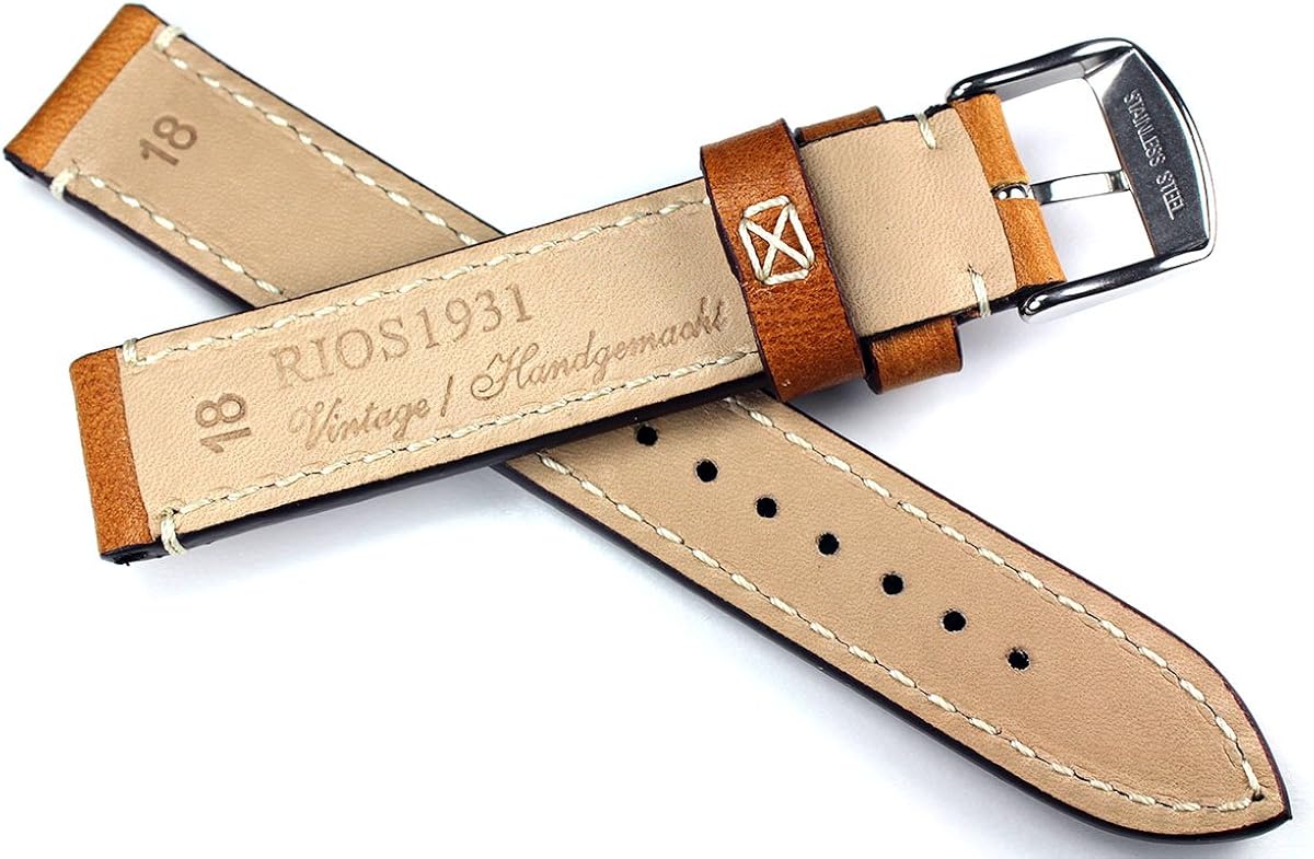 RIOS1931 Catalonia quality leather watch strap in military style, 18 mm/18 mm, retro look, in light brown - Image 5