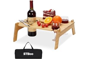 STBoo Outdoor Portable Wine Table - Outside Lightweight Picnic Table with Wine Bottle&2 Glass Holder | Indoor Snack Bed Table | Picnic Tray Table for Concert at Park, Beach, Ideal Wine Lover Gift
