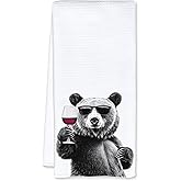 JFFTLL Funny Bear Wine Kitchen Towels, Black Bear Gifts Dish Tea Towels for Kitchen Decor, Bar Towel for Bartender Kitchen, Wine Lover Gift, 16x24 Inch