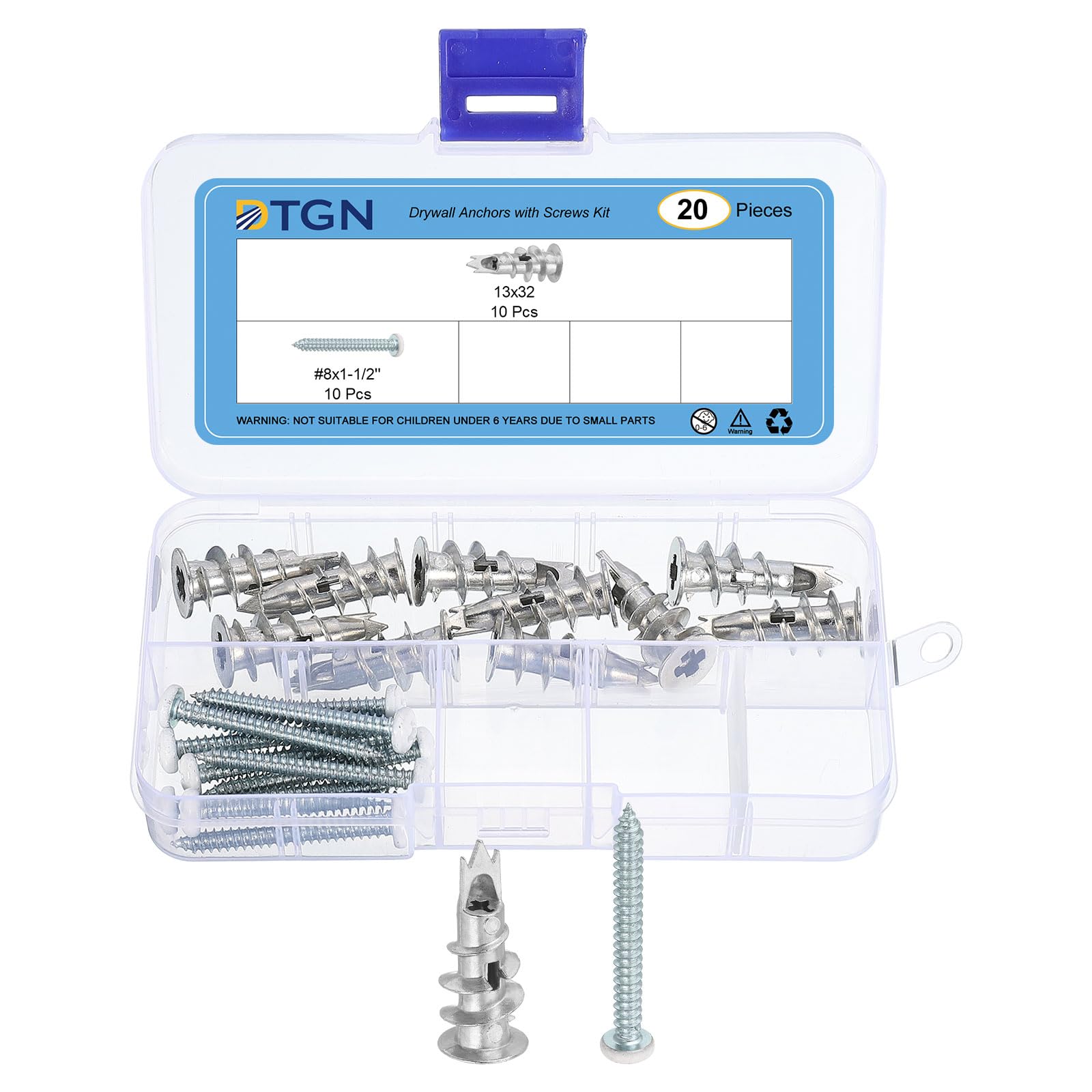 DTGN 1/2"x1-1/4" Self-Drilling Drywall Anchors with Screws Kit - 10 Set - Good for Concrete Tile Cement - Zinc Alloy Hollow Wall Anchors Kit with 38mm Screws