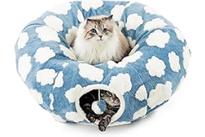 ZRWD Cat Tunnel Bed with Central Washable Cushion, Indoor Cat Tunnel Tube Toys 3 Shape to Play, Blue Sky and White Clouds Theme, Round Plush Cat Toy Tunnel Bed for Kitten, Cat, Puppy, Rabbit (Blue)