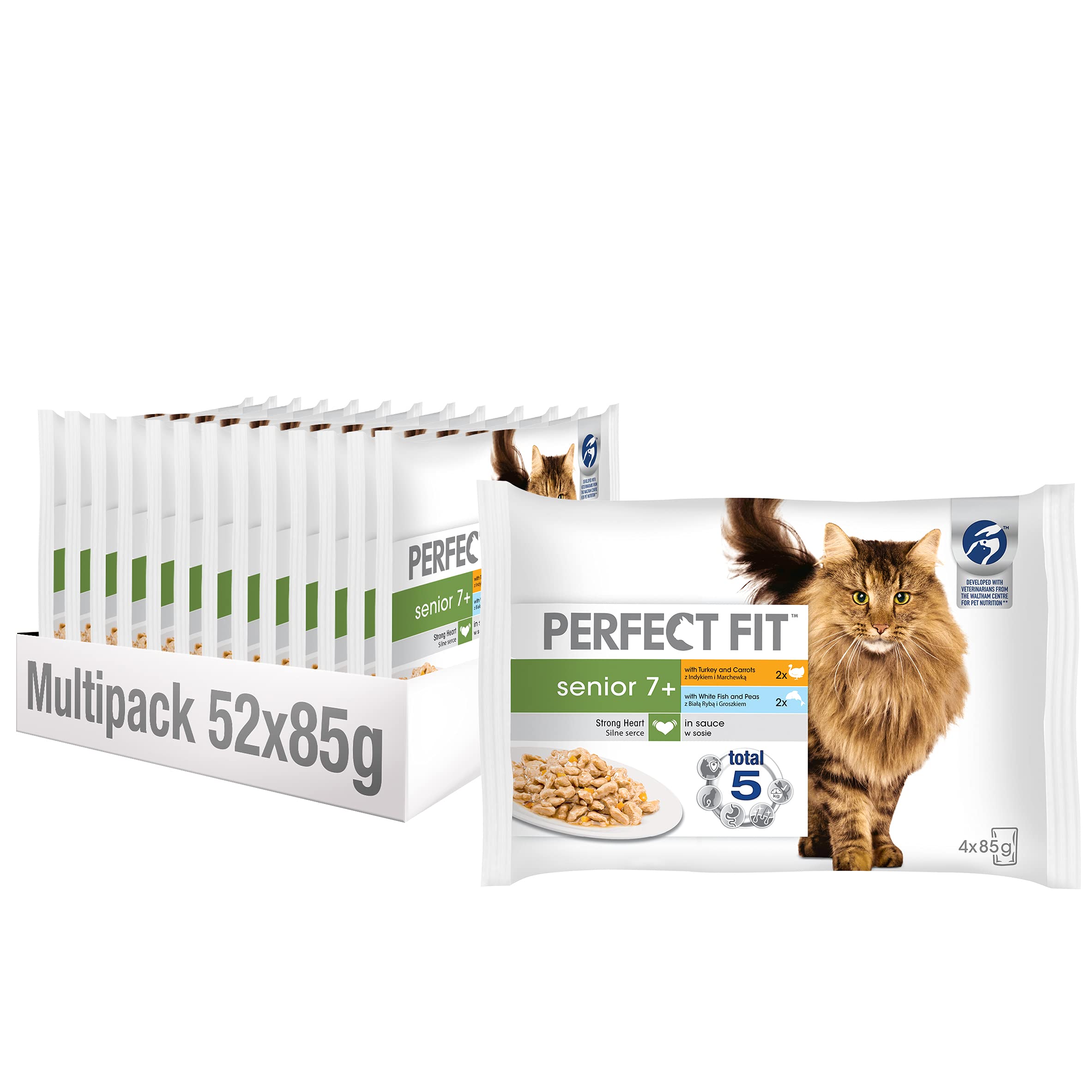 Perfect Fit 7+ Wet Cat Food - Advanced nutrition for senior cats, mixed selection in sauce, 52 pouches - Pack of 13 (13 x 4 Pouches x 85 g)