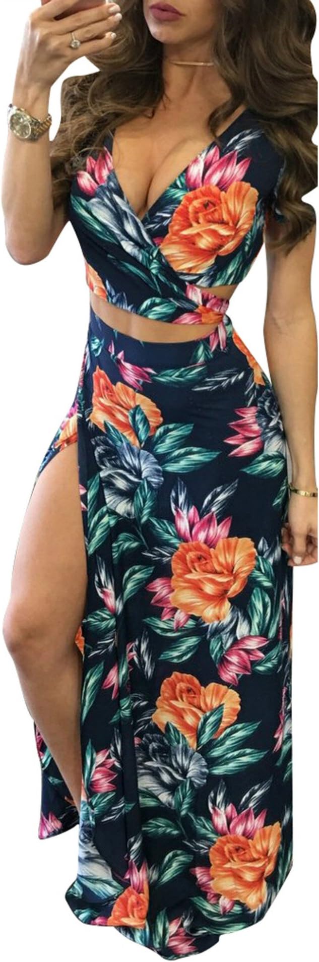 Yonala Women's Backless Crop Top Split Maxi Skirt Set 2 Pieces Outfit Dress