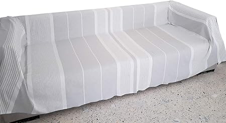 Magie Du Monde Jete De Canape Fouta Grande Taille 3 Places 300x200 Cm 100 Coton Couleur Gris Clair Rayé Blanc Avec Franges
