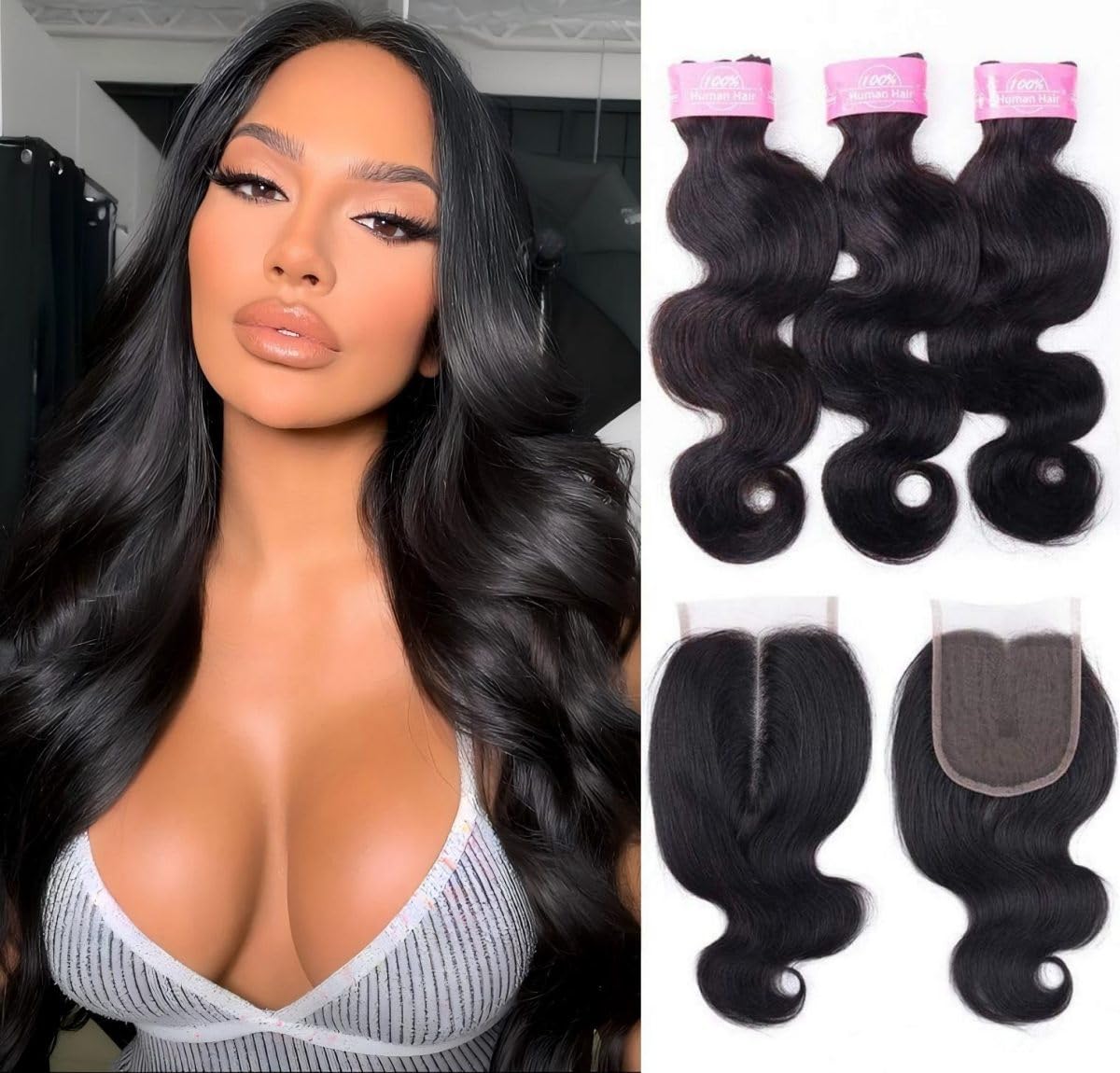 Sexycat Body Wave Bundles with 4x4 Lace Closure Human Hair 14 16 18+12 Inch 100% Unprocessed Brazilian Virgin Hair Extensions Weave Weft Bundles with Middle Part Closure — image 1