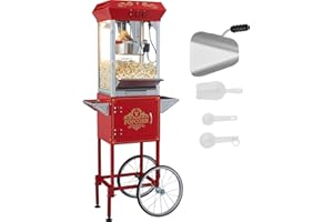 Uargd Popcorn Maker with Cart, Red, 850W Popcorn Machine, 8 Oz Kettle Produces 48 Cups per Batch, Equipped with Tempered Glas