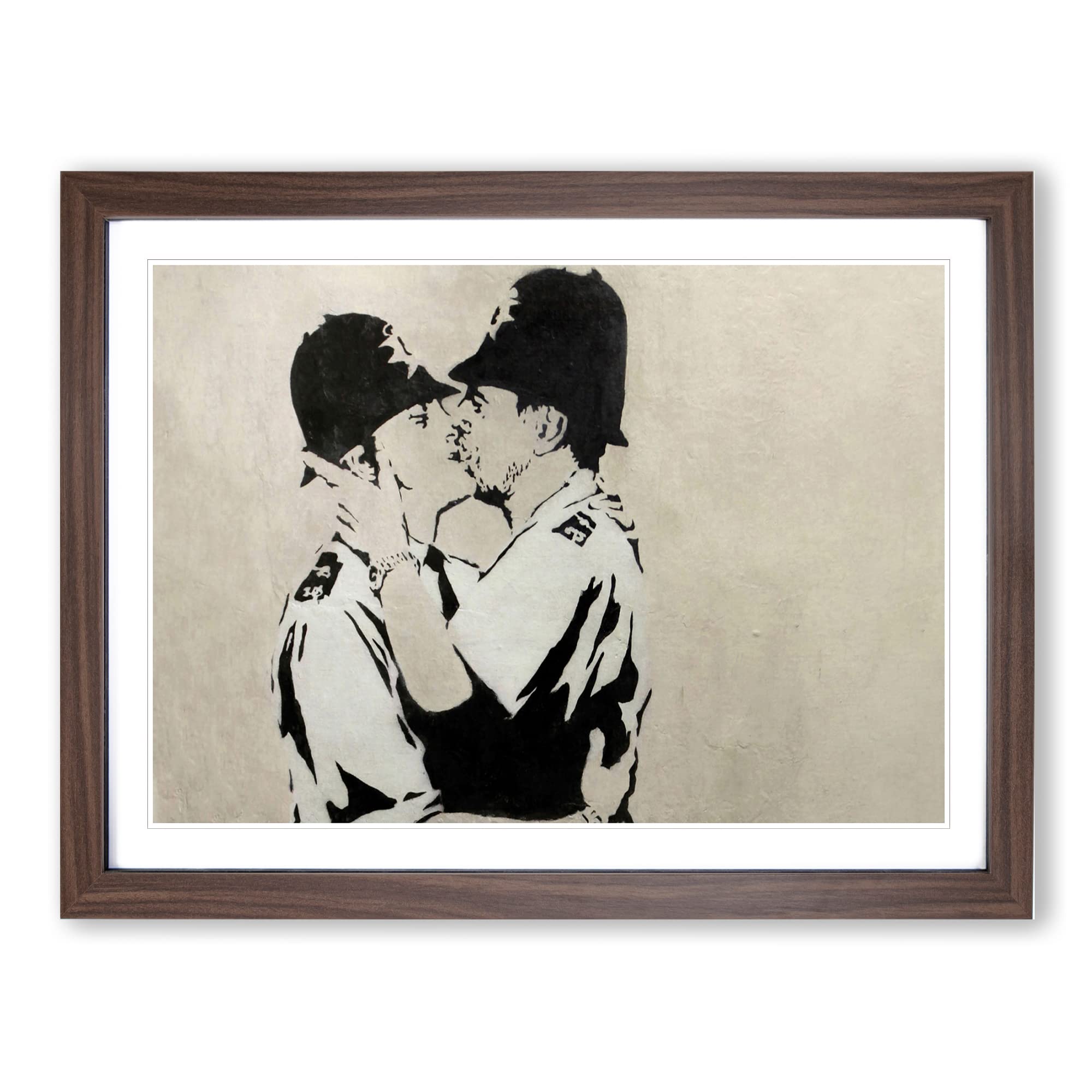 Banksy Kissing Police Policeman Graffiti Wall Art Modern Framed Wall Art Print, Ready to Hang Picture for Living Room Bedroom Home Office Décor, Walnut A4 (34 x 25 cm)