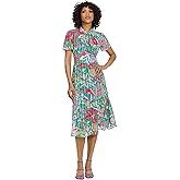 Maggy London Womens Floral Printed Neck Tie Short Sleeve Midi Dress