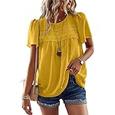 YNIQUE Womens Summer Tops Crewneck Short Sleeve T Shirts Casual Chiffon Blouses Flowy Lace Hem Trendy 2025