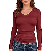 YumiDay Womens V Neck Long Sleeve Tops Thermal Undershirt Stretchy Shirt Fitted Lightweight Moisture Wicking