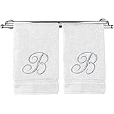 Monogrammed Hand Towel, Personalized Gift, 16 x 30 Inches - Set of 2 - Silver Embroidered Towel - Extra Absorbent 100% Turkish Cotton- Soft Terry Finish - For Bathroom, Kitchen and Spa- Script B White