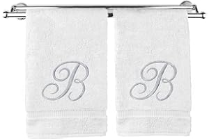 BC BARE COTTON Monogrammed Hand Towel, Personalized Gift, 16 x 30 Inches - Set of 2 - Silver Embroidered Towel - Extra Absorbent 100% Turkish Cotton- Soft Terry Finish - For Bathroom, Kitchen and Spa- Script B White