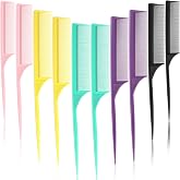 Leinuosen 10 Pcs Rat Tail Comb Set for Parting Styling,Assorted Color | Carbon Anti Static Heat Resistant, Fine Tooth for Braiding Teasing, Fish Tail Pintail Design, Salon Home Styling