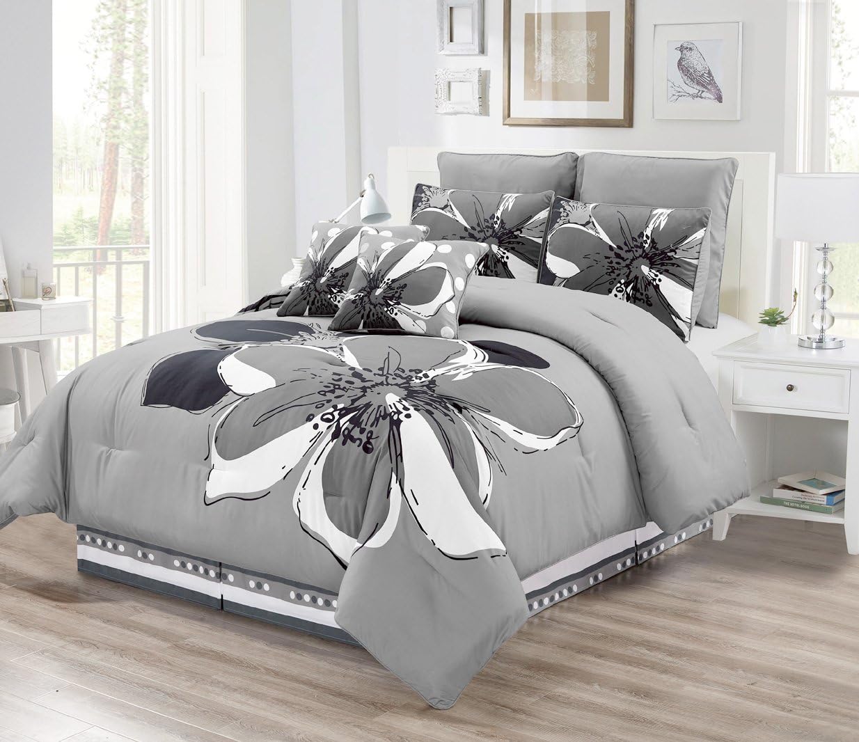 8 Piece Grey, Gray, Black, White Floral Comforter Set