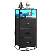 WLIVE Nightstand with Charging Station, 31.9" H Nightstand with 3 Fabric Drawers, LED Bedside Table with USB Ports and Outlets, End Table for Dorm, Bedroom, Entryway, Black