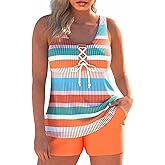 MODLILY Lace Up Womens Tankini Swimsuits with Pocket, Two Piece Bathing Suits, Racerback Tank Top with Board Shorts