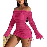 ALIREVERIE Summer Women's Sexy Mesh Hollow Out Off Shoulder Bathing Suit Coverups Long Bell Sleeve Ruched Drawstring Swimsuit