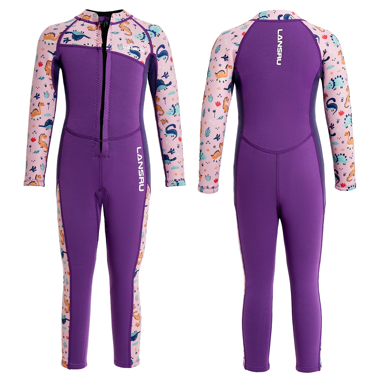 Lansru Kids Wetsuit, Full Wet suit 3mm Neoprene Long Sleeve Back Zip One Piece Swimming Suit for Girl Toddler Youth, Keep Warm Sun Protection Prevent Scratch for Swimming Diving Surfing Water Sports