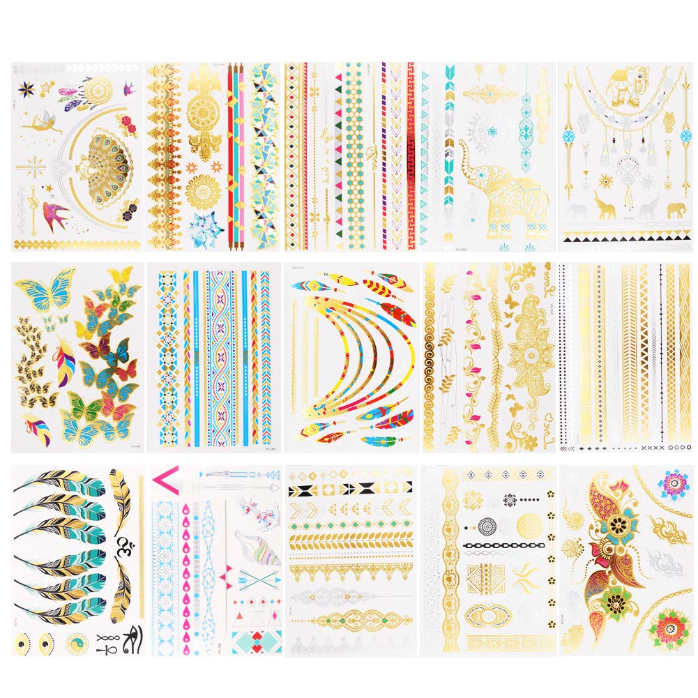 15Pcs Metallic Temporary Transfer Tattoos, 200 Designs Gold Silver Fake Waterproof Tattoo Sticker for Adult Women Kids Birthday Christmas Halloween Party Decoration